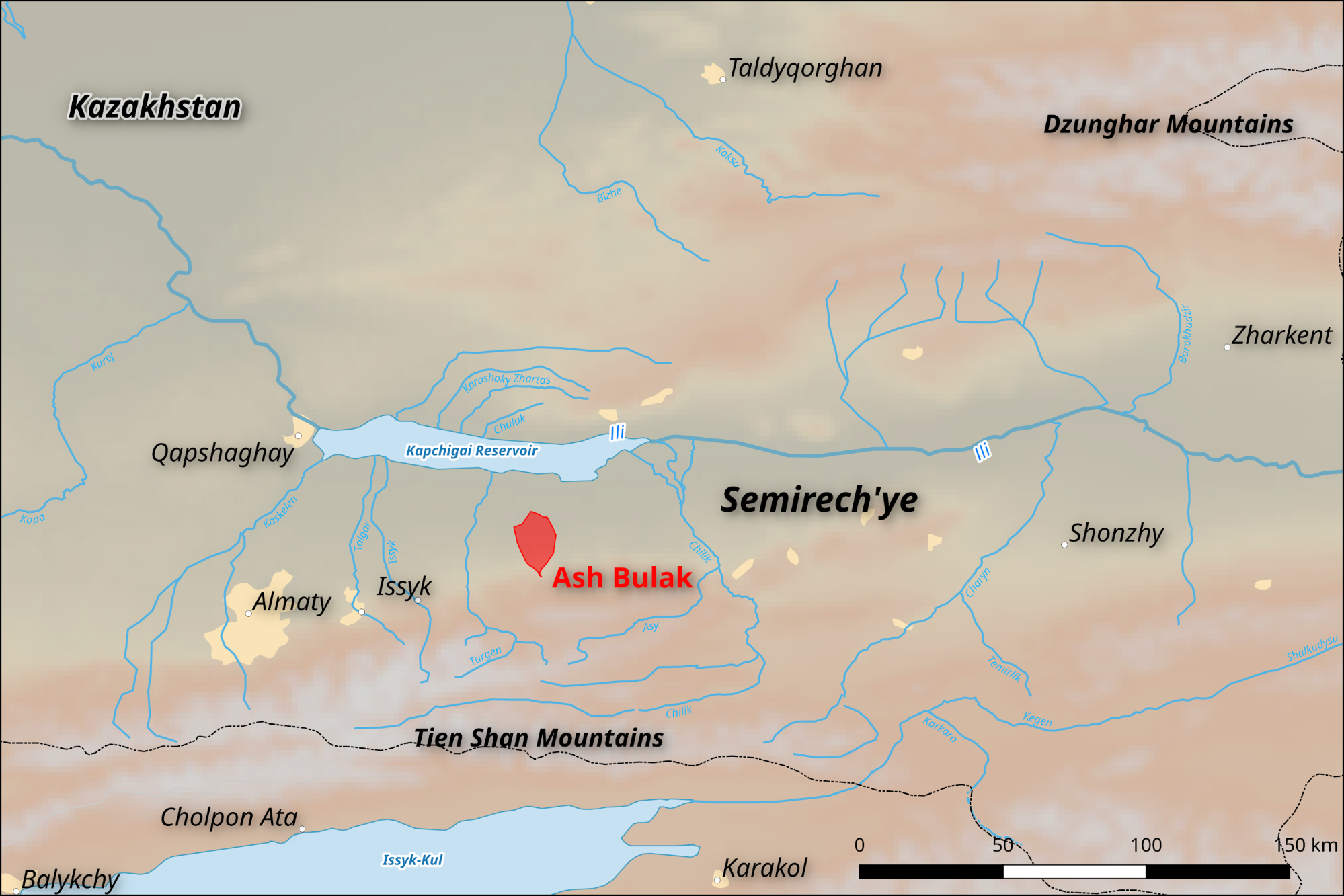 Locator map for Ash Bulak in the region of Semirech’ye, Kazakhstan.