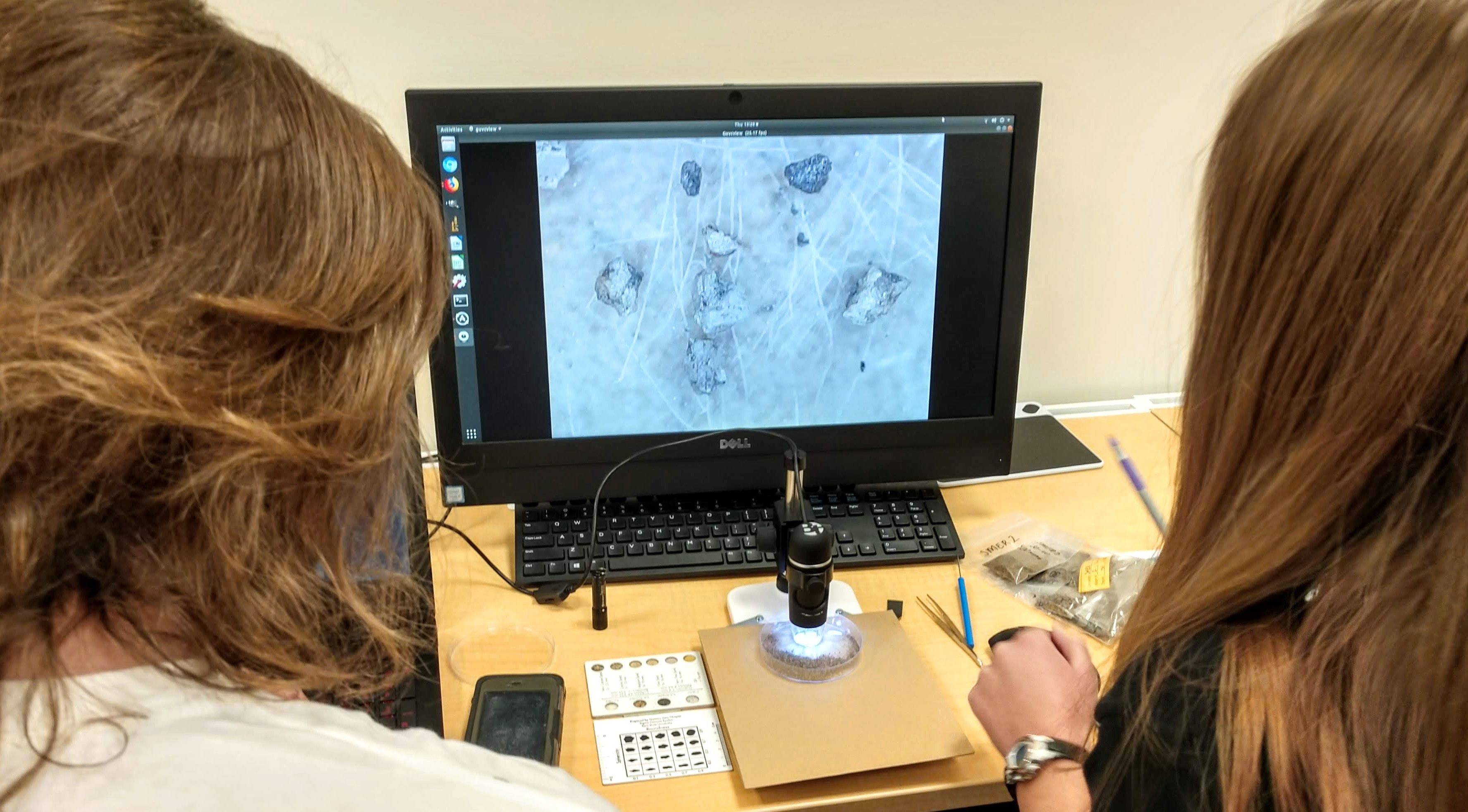 Students using low-power microscopy to analyze sediment particle shapes in the Computational Archaeology Laboratory.